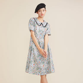 谜底纯棉短袖连衣裙2022夏新款复古田园收腰花色中长裙222ML0707