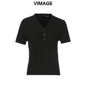 VIMAGE/纬漫纪夏季新款时尚百搭纯色V领套头针织衫女上衣V1701319