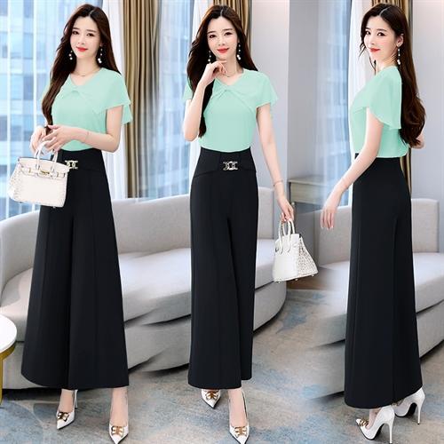 HR HB060时尚荷叶边拼接上衣+休闲阔腿裤两件套 商品图2