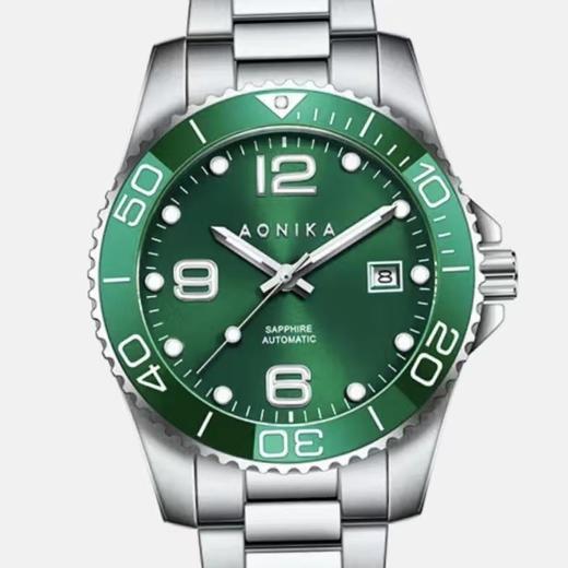 1F【奥尼卡】(AONIKA)英国品牌经典时尚机械防水男士女士陶瓷圈腕表 钢壳绿面 AK41148 商品图0