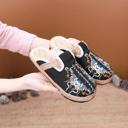 可外穿民族风绣花凉拖鞋平跟厚底亚麻懒人鞋 ZY-T-2 商品图1