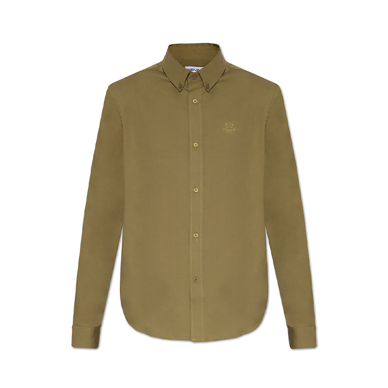 KENZO 高田贤三 男士棉质小虎头刺绣徽标翻领长袖衬衫 军绿色 FC55 CH400 1LH 49