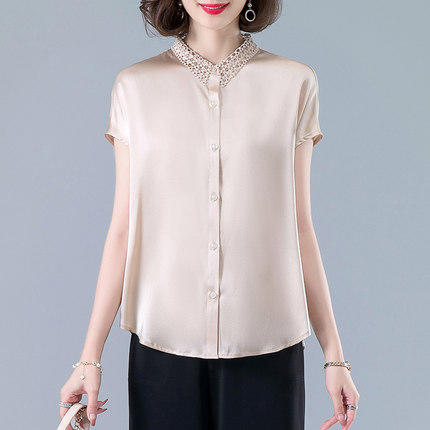QLHK7Q21822 夏装洋气桑蚕丝上衣中年女装真丝短袖衬衫中老年夏季时尚 商品图1