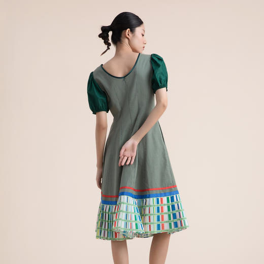 谜底短袖纯棉连衣裙2022夏款复古泡泡袖收腰显瘦中长裙222ML0607 商品图2