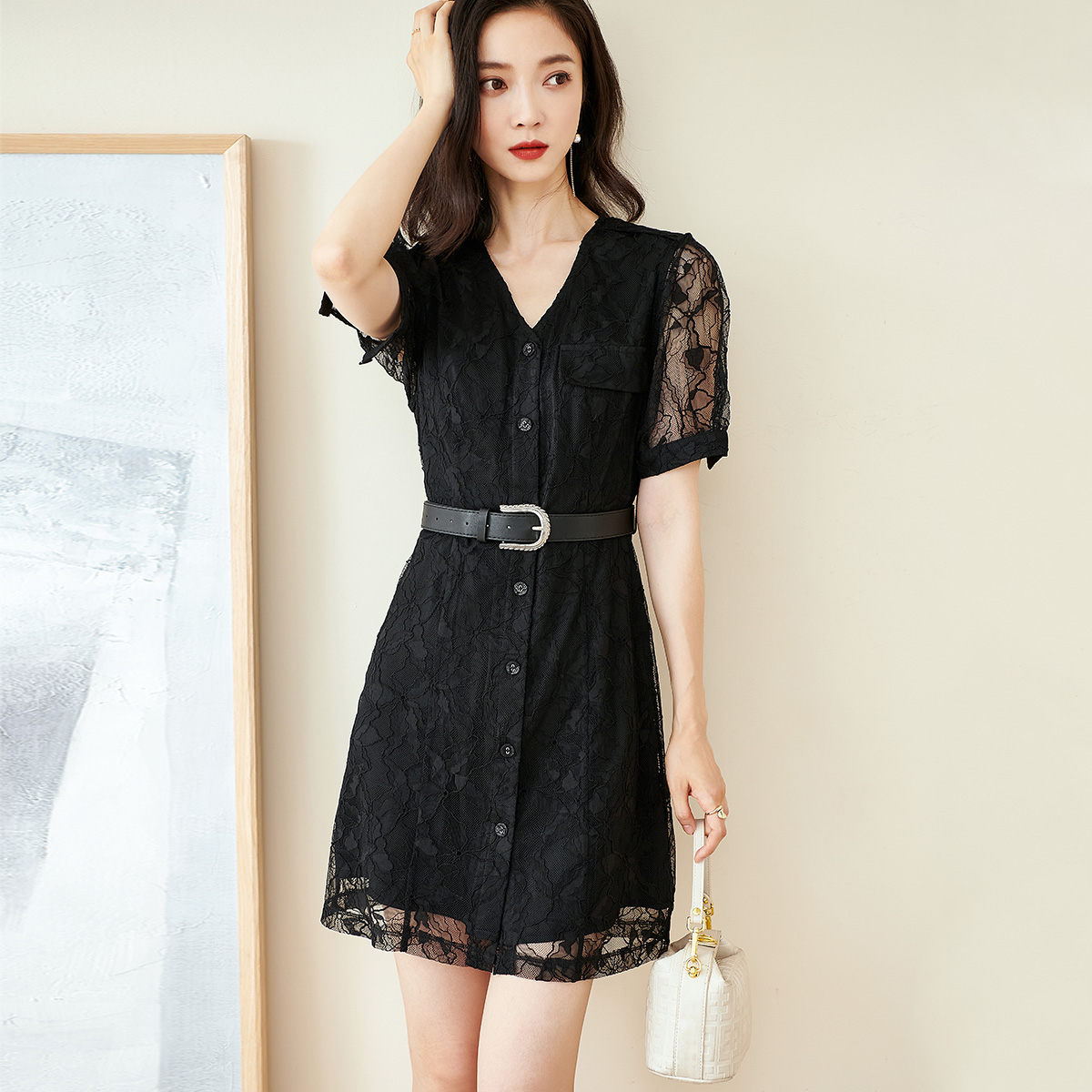 剩S/M/L 芳外夏季镂空蕾丝短裙提花泡泡袖拼接短袖连衣裙