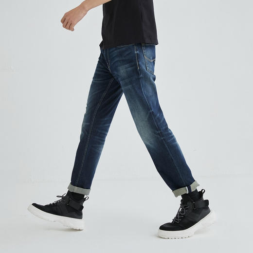 JackJones杰克琼斯春男士修身棉弹做旧猫须水洗牛仔九分裤222132035 F40中牛仔蓝 商品图0