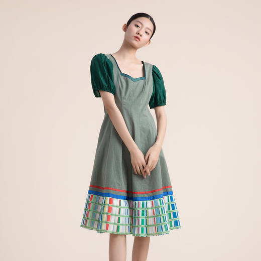 谜底短袖纯棉连衣裙2022夏款复古泡泡袖收腰显瘦中长裙222ML0607 商品图0
