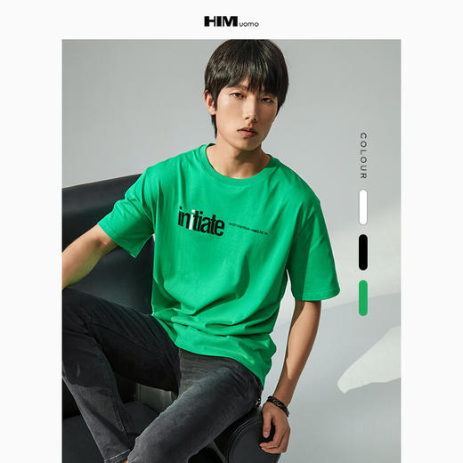 HIM漢崇 短袖T恤趣味拼色植绒印花潮流男士休闲圆领衫 2026夏季 商品图0