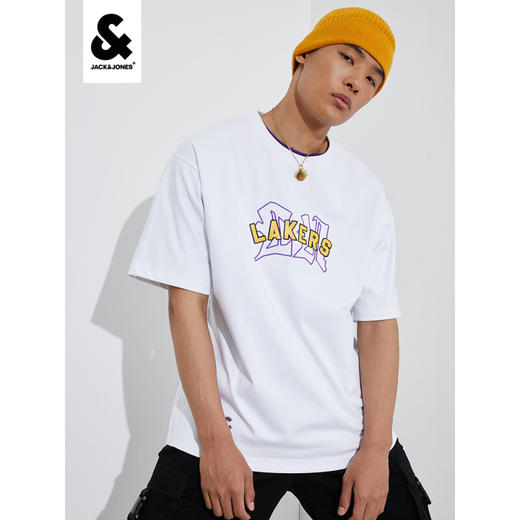 JackJones杰克琼斯夏宽松NBA篮球湖人队队标潮流休闲短袖T恤222201372 A06白色 商品图0