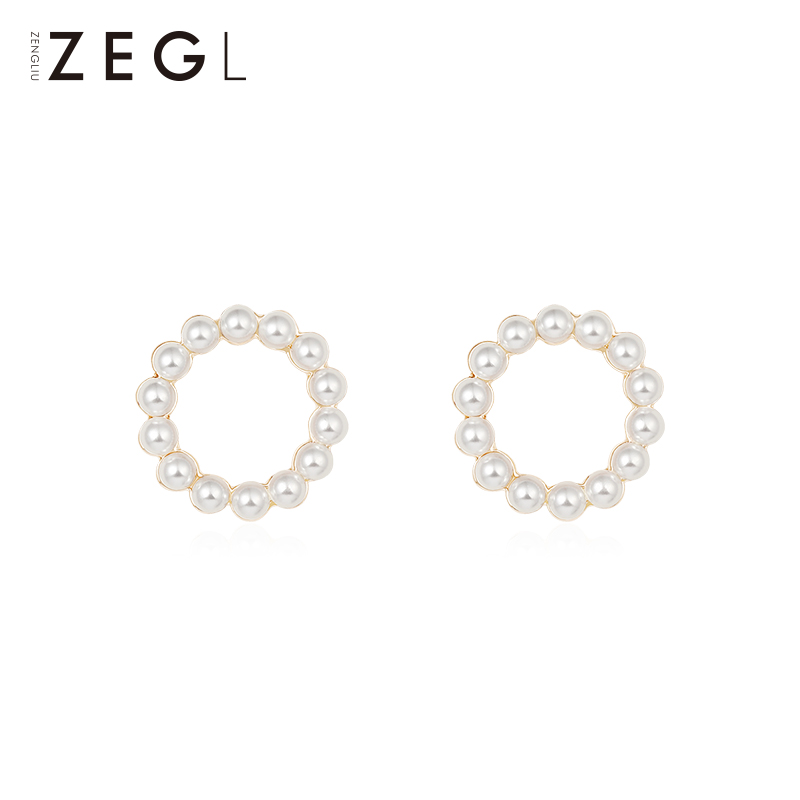 ZENGLIU韩国气质圆圈圈耳环女个性法式仿珍珠耳钉复古耳饰