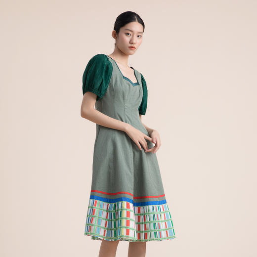 谜底短袖纯棉连衣裙2022夏款复古泡泡袖收腰显瘦中长裙222ML0607 商品图1