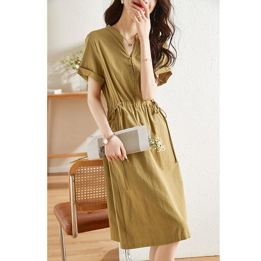 2502# 女装收腰抽绳衬衫裙子2022夏季新款简约立领翻边袖吸汗透气连衣裙 商品图3