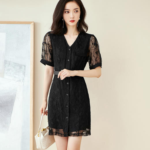 剩S/M/L 芳外夏季镂空蕾丝短裙提花泡泡袖拼接短袖连衣裙 商品图1
