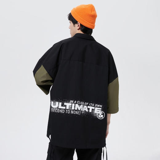 JackJones杰克琼斯春季男士宽松纯色流行拼接拼色七分袖衬衫222131001 E40黑色 商品图1