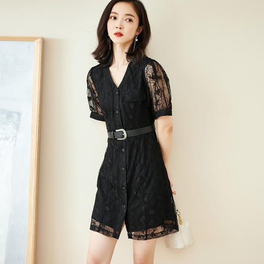 剩S/M/L 芳外夏季镂空蕾丝短裙提花泡泡袖拼接短袖连衣裙 商品图2