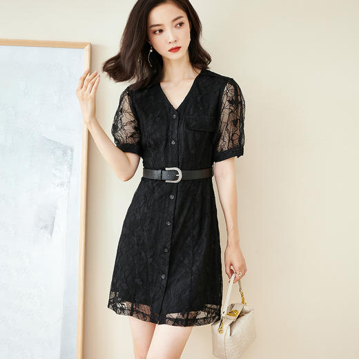 剩S/M/L 芳外夏季镂空蕾丝短裙提花泡泡袖拼接短袖连衣裙 商品图3