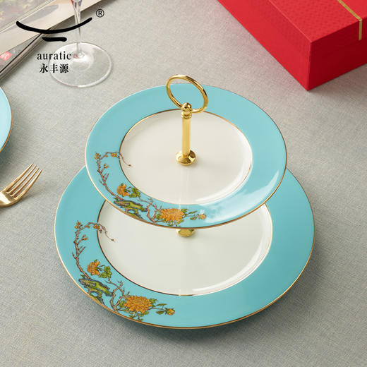 【国瓷·永丰源】西湖蓝双层点心蛋糕盘 下午茶糖果水果陶瓷托盘 商品图1