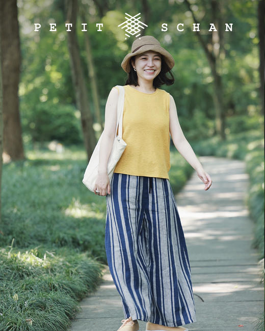 PETIT SCHAN小闪 CLO 029 Blue stone 蓝色矿石 日本进口纯亚麻条纹阔腿裤 商品图1