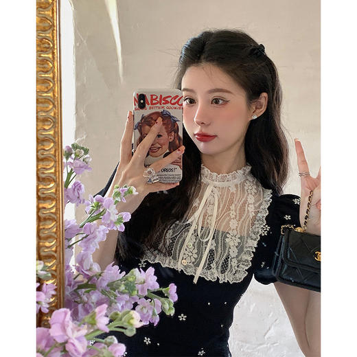 （清仓现货）【社群供V】蕾丝拼接法式复古黑色碎花连衣裙女夏感赫本风小黑裙涤纶 商品图0