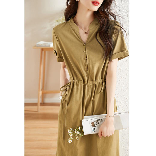 2502# 女装收腰抽绳衬衫裙子2022夏季新款简约立领翻边袖吸汗透气连衣裙 商品图2