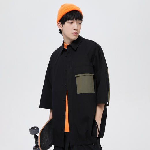 JackJones杰克琼斯春季男士宽松纯色流行拼接拼色七分袖衬衫222131001 E40黑色 商品图0