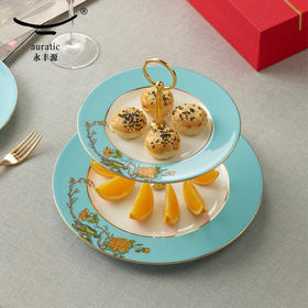 【国瓷·永丰源】西湖蓝双层点心蛋糕盘 下午茶糖果水果陶瓷托盘