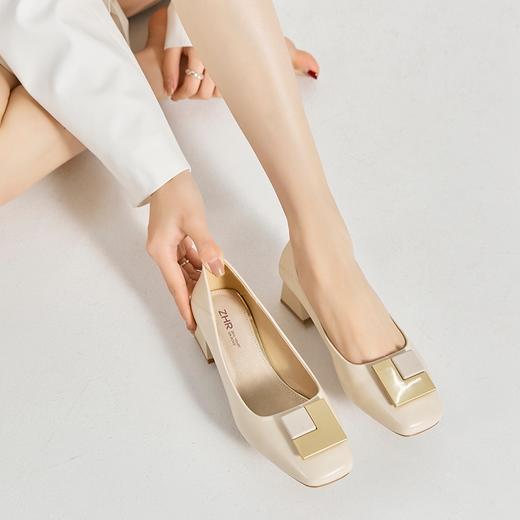 ZHR2022年春新款法式单鞋马蹄跟浅口时尚金属扣气质一脚蹬中跟鞋 商品图0