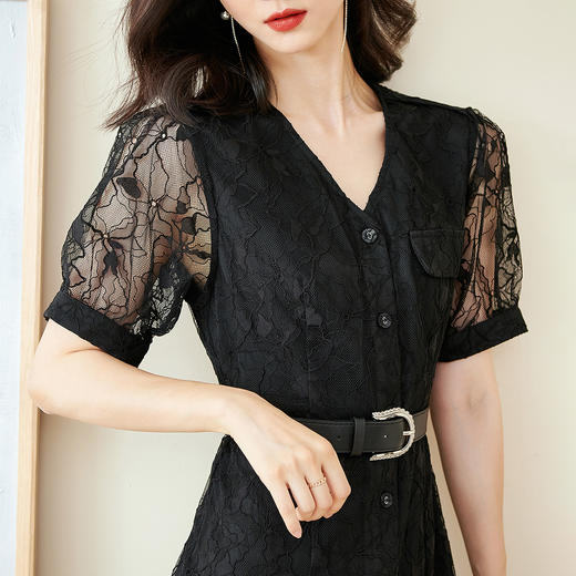 剩S/M/L 芳外夏季镂空蕾丝短裙提花泡泡袖拼接短袖连衣裙 商品图4