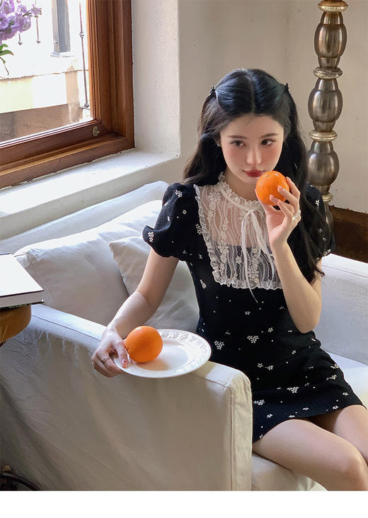 （清仓现货）【社群供V】蕾丝拼接法式复古黑色碎花连衣裙女夏感赫本风小黑裙涤纶 商品图1