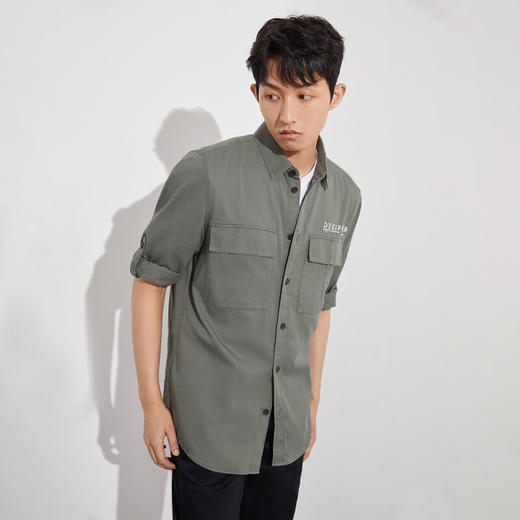 JackJones杰克琼斯春简约休闲可调节七分袖字母印花衬衫男士221331024 E58龙舌兰绿 商品图0