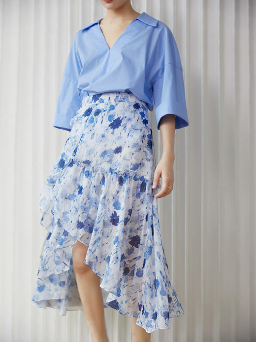 水墨印花半身裙女夏季高腰显瘦不规则碎花裙子 商品图0