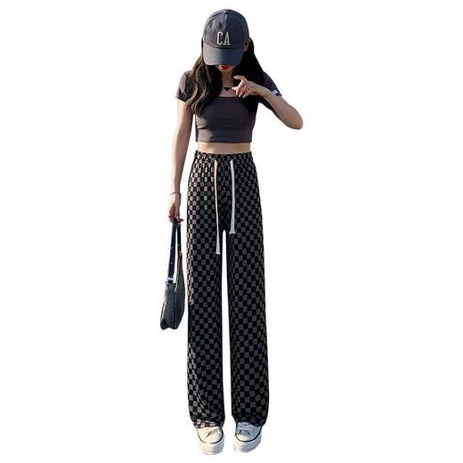 黛唯梵冰丝阔腿裤女夏季薄款2022新款高腰垂感小个子休闲直筒棋盘格裤子 商品图6