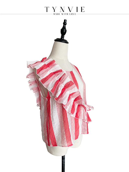 TYNVIE 大木耳边装饰无袖上衣-红白条纹 商品图1