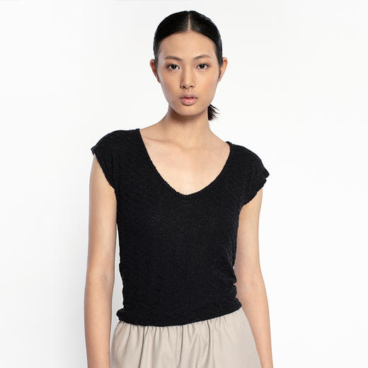 女士2022年新款12针单边虚线针法绢丝混纺特种纱露背针织T恤 商品图2