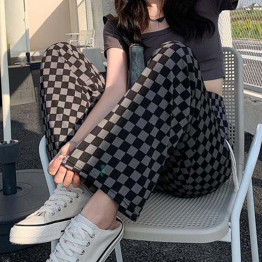 黛唯梵冰丝阔腿裤女夏季薄款2022新款高腰垂感小个子休闲直筒棋盘格裤子 商品图3
