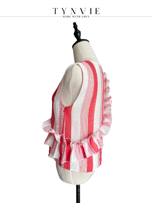 TYNVIE 大木耳边装饰无袖上衣-红白条纹 商品图3