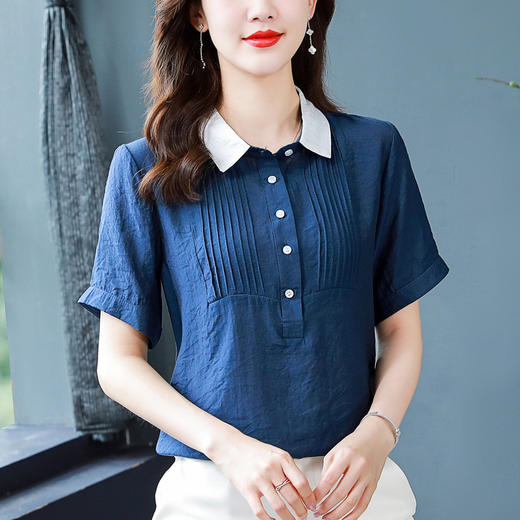 MZ802626 气质通勤宽松款2022夏季新款时尚型修身款棉麻短袖衬衫百搭上衣女 商品图3