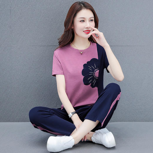 时尚休闲，中老年妈妈短袖T恤上衣运动服夏季中年洋气两件套TR-2258 商品图0