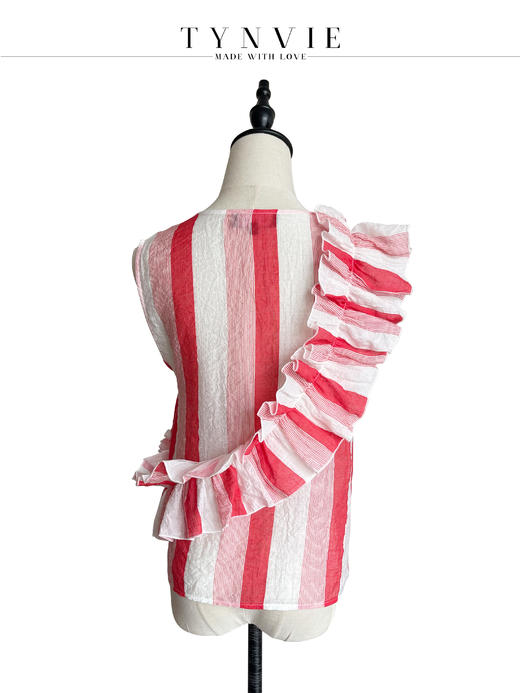 TYNVIE 大木耳边装饰无袖上衣-红白条纹 商品图2