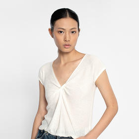 女士2022年12针单边针法绢丝混纺特种纱扭结针织T恤