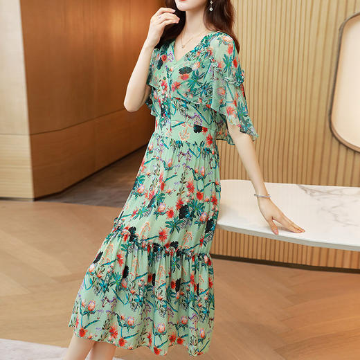 优雅百搭，中长款新款重磅桑蚕丝真丝碎花连衣裙KQN-75607 商品图2