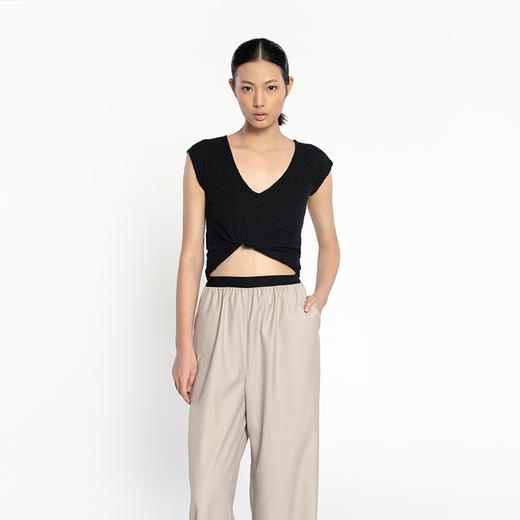 女士2022年新款12针单边虚线针法绢丝混纺特种纱露背针织T恤 商品图1