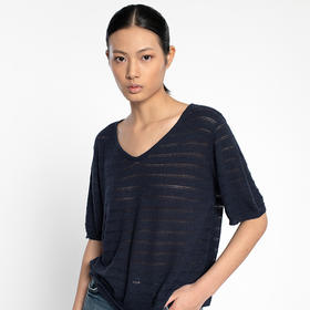 女士2022年夏款12针单边挑孔针法绢丝混纺特种纱暗纹针织T恤