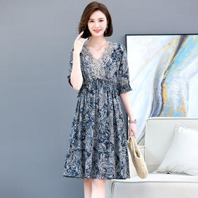 HR WL17109印花连衣裙复古气质显瘦设计感休闲裙