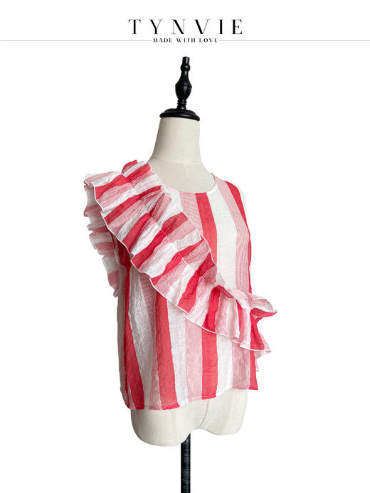 TYNVIE 大木耳边装饰无袖上衣-红白条纹 商品图4