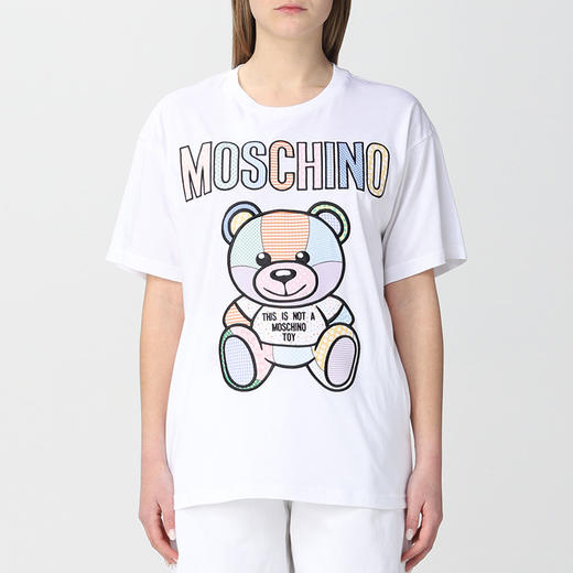 MOSCHINO 莫斯奇诺 女士棉质字母logo大熊猫印花圆领短袖T恤 白色 0707 0441 2001 商品图0
