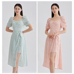 【特价不退换】阿菁娜法式方领立体显瘦雪纺碎花开叉连衣裙F27X212160