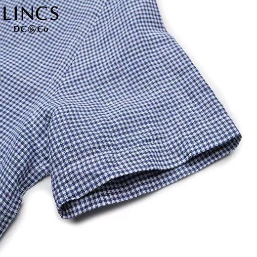 菱科斯男士短袖衬衫春夏新品男士小BUTTON DOWN 领全麻格子布短袖衬衫SS18WH115 商品图4
