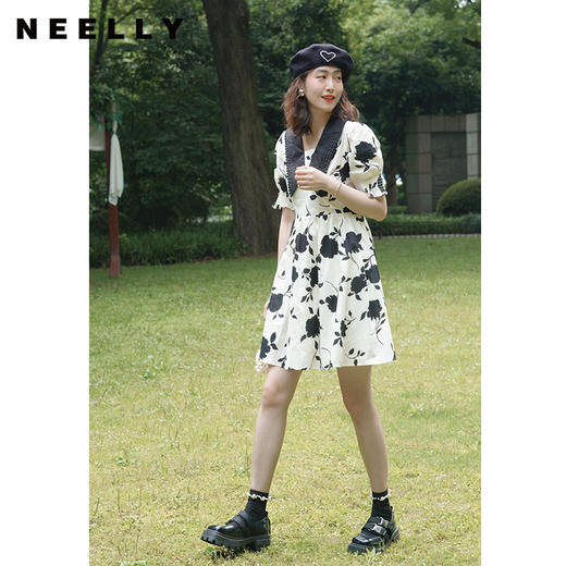 NEELLY纳俪商场同款气质撞色翻领连衣裙女收腰娃娃裙中长款百搭 商品图1