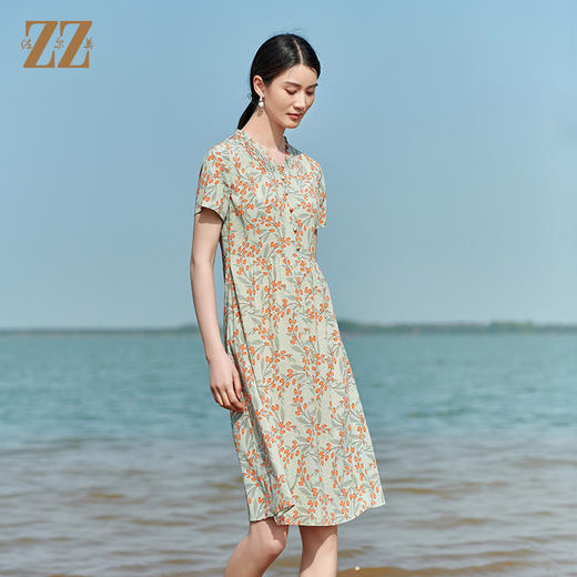 佐尔美2022夏季新款 桑蚕丝真丝弹力双绉小碎花连衣裙女E22LS32 商品图2